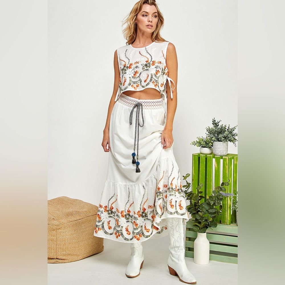 Embroidered White Cotton Maxi Skirt